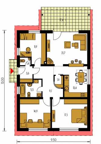 Spiegelverkehrter Entwurf | Grundriss des Erdgeschosses - BUNGALOW 46